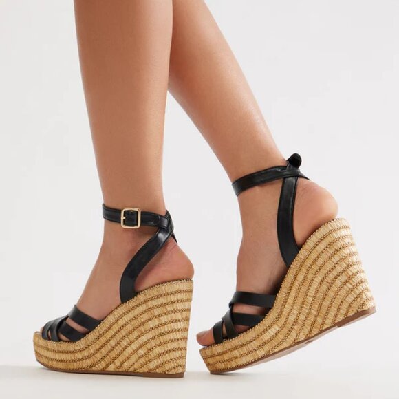 Fashion Nova Lottie Raffia Ankle Strap Platform Wedges Black | Size 7 New No Box - Picture 3 of 8